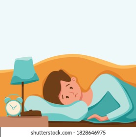 Sleepy awake man in bed suffers from insomnia. Vector illustration of tired exhausted sad guy insomniac trying fall asleep with open eyes in night bedroom flat cartoon style. Melatonin and nightmare, 