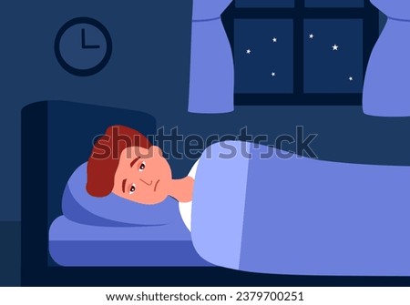 Sleepy awake man in bed suffers from insomnia. Exhausted guy insomniac trying fall asleep with open eyes in night bedroom design. Melatonin.