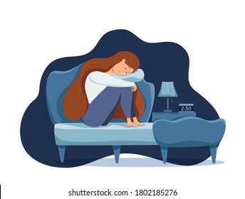 Sleepy awake woman in bed suffers from insomnia. Vector illustration of tired exhausted sad girl insomniac trying fall asleep with open eyes in night bedroom flat cartoon style. Melatonin and nightmar