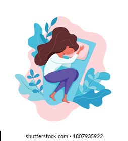 Sleepy awake woman in bed suffers from insomnia. Vector illustration of tired exhausted sad girl insomniac trying fall asleep with open eyes in night bedroom flat cartoon style. Melatonin and nightmar