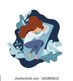 La mujer con sueño despierta en la cama sufre de insomnio. Ilustración vectorial de la cansada y triste niña insomnio tratando de quedarse dormido con los ojos abiertos en el estilo de dibujos animados planos de la habitación de noche. Melatonina y pesadilla