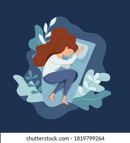 Sleepy awake woman in bed suffers from insomnia. Vector illustration of tired exhausted sad girl insomniac trying fall asleep with open eyes in night bedroom flat cartoon style. Melatonin and nightmar