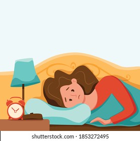 Sleepy Awake Woman In Bed Suffers From Insomnia. Vector Illustration Of Tired Exhausted Sad Girl Insomniac Trying Fall Asleep With Open Eyes In Night Bedroom Flat Cartoon Style. Melatonin And Nightmar