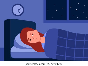 Sleepy awake woman in bed suffers from insomnia. Exhausted female insomniac trying fall asleep with open eyes in night bedroom design. Melatonin.