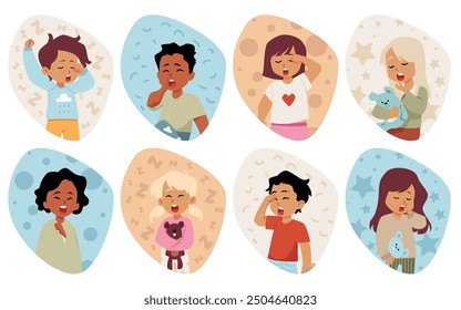 Sleepy babies, ready for bed. Vector icons depicting yawning girls and boys in pajamas against a background of simple patterns for children's bedroom