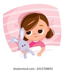 Sleepy baby girl lying in the bed under cover holding imaginary friend, bunny rabbit toy, in bedroom. Bed time for kids. Get ready for bedtime. Kid prepare go to bed