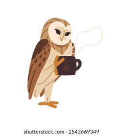 Sleepy barn owl drinks coffee to wake up. Cute bird holds cup of hot beverage for breakfast. Asleep animal with mug, teacup of morning tea. Flat isolated vector illustration on white background