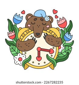 Sleepy bear with alarm clock. Spring time nature. Wildlife animal with flowers. Colorful drawing for kids bedroom. Cartoon vector illustration. Outlined style. Isolated on white
