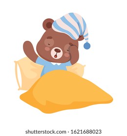 Sleepy Bear Character Yawning Getting Ready to Sleep Vector Illustration