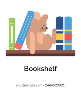 Sleepy bear on a bookshelf, flat style icon 