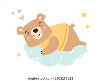Sleepy Bear On Cloud Vector Illustration