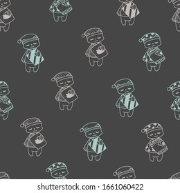 Sleepy Bears in Pajamas Vector Outline Cute Background Seamless Pattern