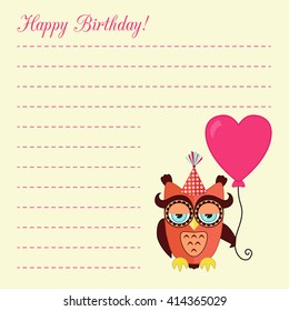Sleepy birthday owl with balloon - birthday card.