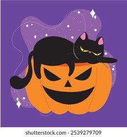 Gato preto sonolento descansando em uma abóbora de jack-o'-lanterna assustadora, tema de Halloween, ilustração Vetor