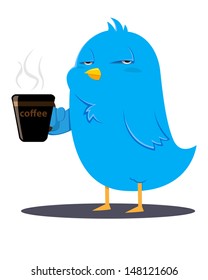 Sleepy blue bird holding a cup of coffee, vector illustration