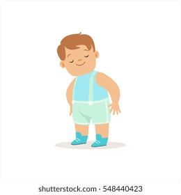 Sleepy Boy In Blue Standing, Adorable Smiling Baby Cartoon Character Every Day Situation