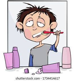 Sleepy boy brushes his teeth,vector illustration