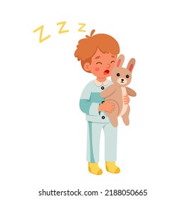 Sleepy Boy With Bunny At Bedtime Vector Illustration. Cartoon Isolated Cute Kid In Blue Pajamas Holding Toy To Sleep Togerther, Little Child Sleeping At Night Time And Sleepwalking With Closed Eyes