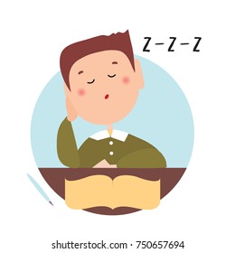 Sleepy boy with closed eyes in front of an open book. Isolated flat illustration on white backgroud. Cartoon vector image.