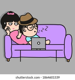 Sleepy Boy Lying On His Girlfriend's Shoulder On Couch While Watching Movie On Laptop Concept Card Character illustration