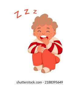Un niño somnoliento sentado con la ilustración portadora del bostezo. Caricatura de un niño cansado aislado que bostece con expresión divertida y boca abierta, aburrido y perezoso niño que siente fatiga y aburrimiento, joven exhausto
