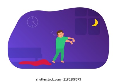 Sleepy Boy Sleepwalker Walks At Night Sleepwalking Somnambulism Vector Illustration