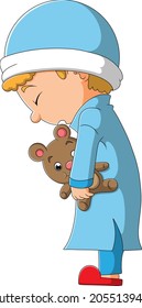 The sleepy boy is standing and holding the doll of illustration