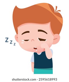 Sleepy Boy with Tired Expression. A cute cartoon image of a boy with messy reddish-brown hair, wearing a blue shirt and light green shorts.