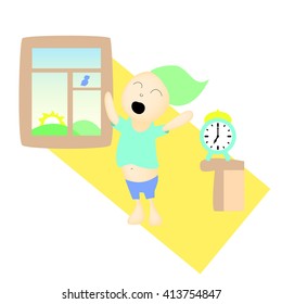 Sleepy boy waking up, morning time sunrise vector illustration, yawning boy in the morning, early bird waking up, morning stretching, pajama boy, hand-drawn child waking up, children's regime picture