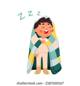 Sleepy Boy With Yawn Vector Illustration. Cartoon Isolated Funny Tired Child With Closed Eyes, Sleepwear Clothes And Soft Blanket Standing And Sleeping, Cute Kid Sleepwalking At Night And Yawning