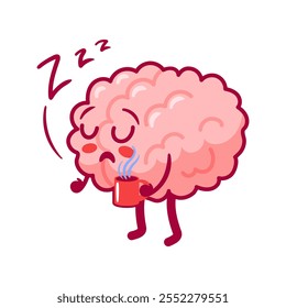 Sleepy brain with a mug of coffee. Cute tired character in kawaii style. Healthy organ, nervous system. Vector illustration, flat style. mental health. Training, back to school. Cognitive function