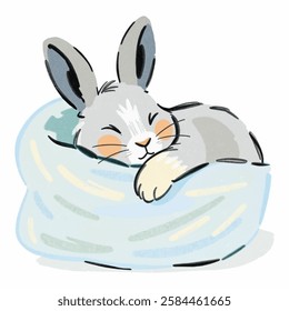 A sleepy bunny snuggled in a soft blanket, radiating warmth and peace, great for nursery art, relaxation themes, and cute branding.