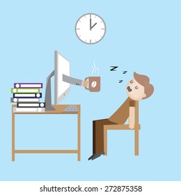 Sleepy businessman, with arms extended abstract coffee cup out of the computer, vector illustrations.