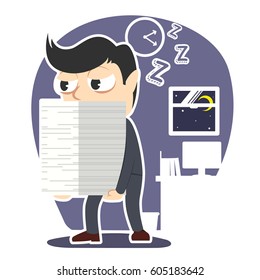 sleepy businessman carrying pile of paper