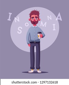 Sleepy businessman character. Cartoon vector illustration. Insomniac. Person with a coffee cup. Insomnia or depression