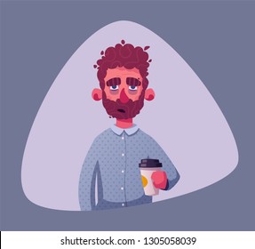 Sleepy businessman character. Cartoon vector illustration. Insomniac. Person with a coffee cup. Insomnia or depression