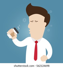 sleepy businessman hold paper cup of coffee on blue background.