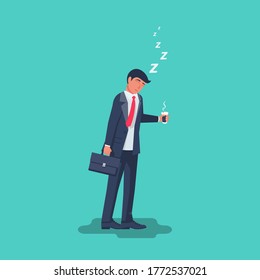 Sleepy businessman in a suit with a briefcase stands with a cup of coffee. Dose of energy on Monday morning. A cup of hot black coffee in hand. Vector illustration flat design. Isolated on background.