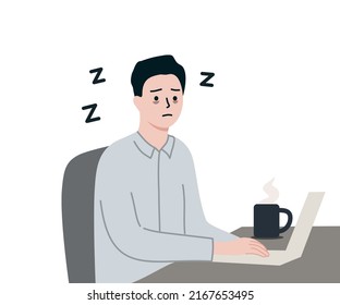 Sleepy Businessman Working Overtime. Busy Man Work Hard At Night With Hot Coffee On Desk. Burnout, Tight Schedule, Productivity Concept. Flat Cartoon Style Vector Illustration. 