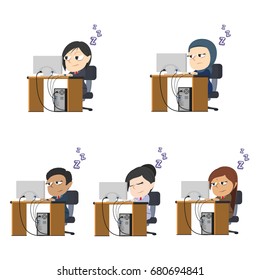 sleepy businesswoman working different race set