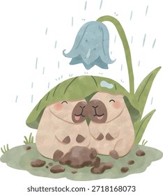 Capivara dormente descansando sob a folha na chuva