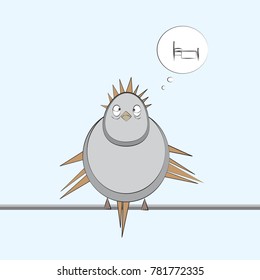 Sleepy cartoon bird sitting on the wire and thinking about bed. Flat vector illustration