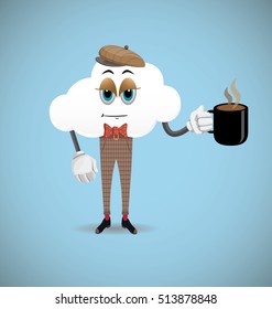 Sleepy Cartoon Cloud Character Drinking Coffee.