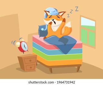 Sleepy cartoon fox waking up. Flat vector illustration. Funny little fox in houve sitting on colorful bed, yawning, stretching to ringing alarm clock sound. Animal, morning, routine, emotion concept