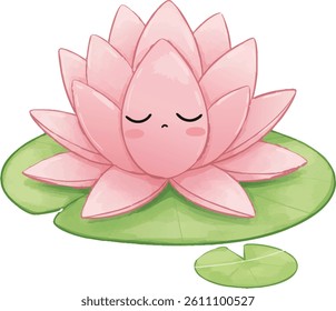 Sleepy Cartoon Lotus Flower Resting on a Lily Pad