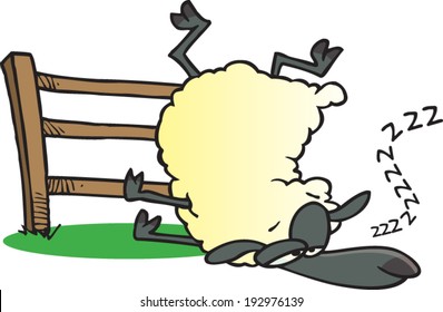 sleepy cartoon sheep jumping over a fence