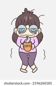 Sleepy cartoon young woman with coffee cup on the gray background. Not good morning humor illustration. Overwork concept. 