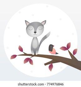 Sleepy cat and  bird sitting on a tree