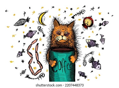 Sleepy cat with a cup of coffee. Cup printing. Vector illustration