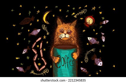 Sleepy cat with a cup of coffee. Cup printing on a black background. Vector illustration